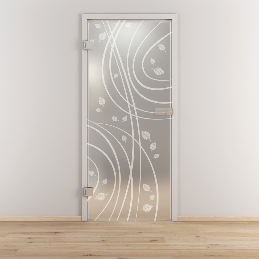 Ambientebild in Wohnraumsituation illustriert die Diamond Doors Glasdrehtür DD 547 in der Ausführung ESG BASIC GREEN matt