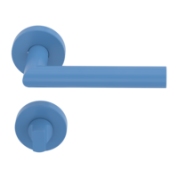 Die Abbildung zeigt die Diamond Doors Türgriffgarnitur L-FORM in der Ausführung mit Rosetten rund WC Klipptechnik Blau