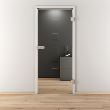 Ambientebild in Wohnraumsituation illustriert die Novadoors Glasdrehtür NOVA 505 in der Ausführung ESG BASIC GREEN klar
