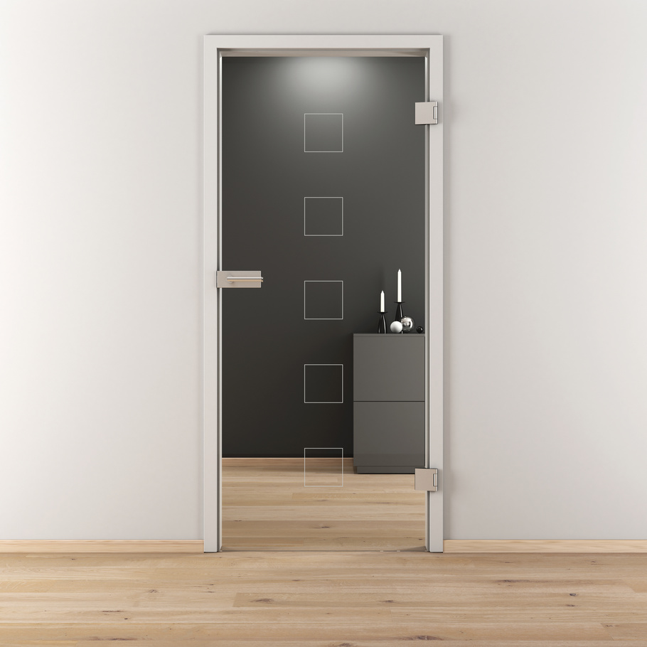 Ambientebild in Wohnraumsituation illustriert die Novadoors Glasdrehtür NOVA 505 in der Ausführung ESG BASIC GREEN klar