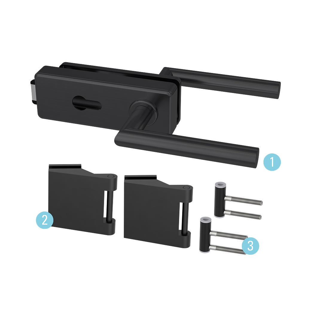 Glastürbeschlagset STYLE PREMIUM Profilzylinder Flüster 3-tlg. Bänder L-FORM schwarz Schwarz