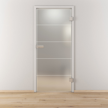 Ambientebild in Wohnraumsituation illustriert die Novadoors Glasdrehtür NOVA 582 in der Ausführung ESG BASIC GREEN matt