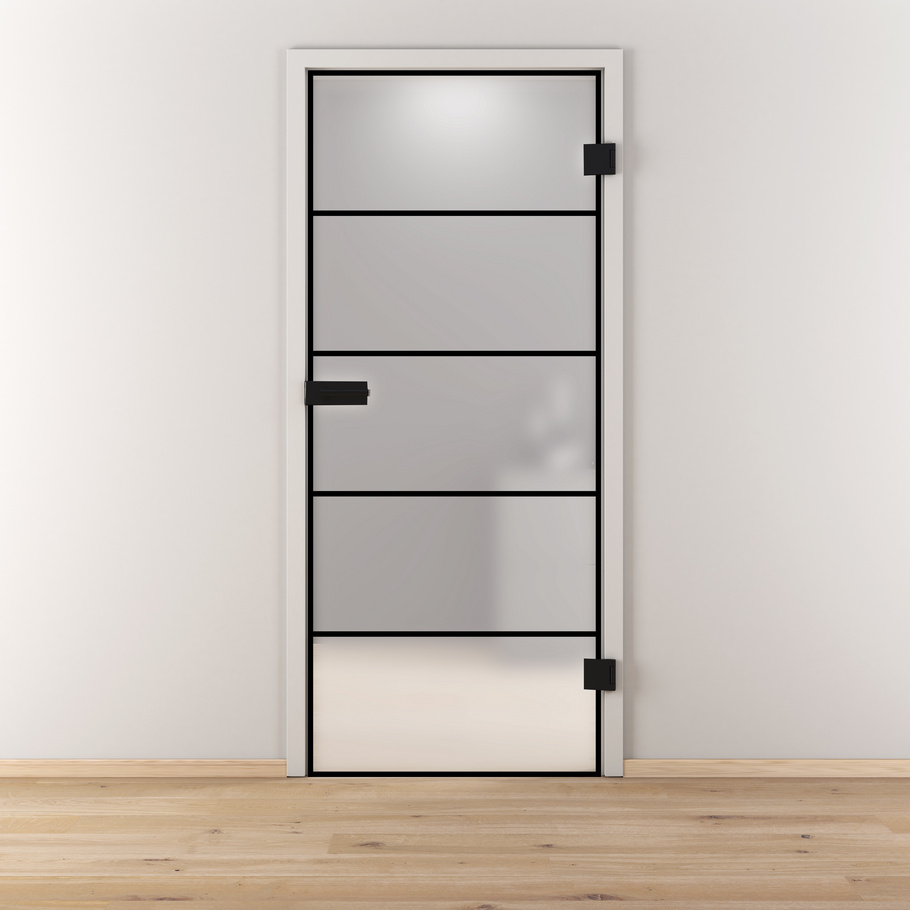 Ambientebild in Wohnraumsituation illustriert die Novadoors Glasdrehtür NOVA 682 BLACK in der Ausführung ESG BASIC GREEN matt