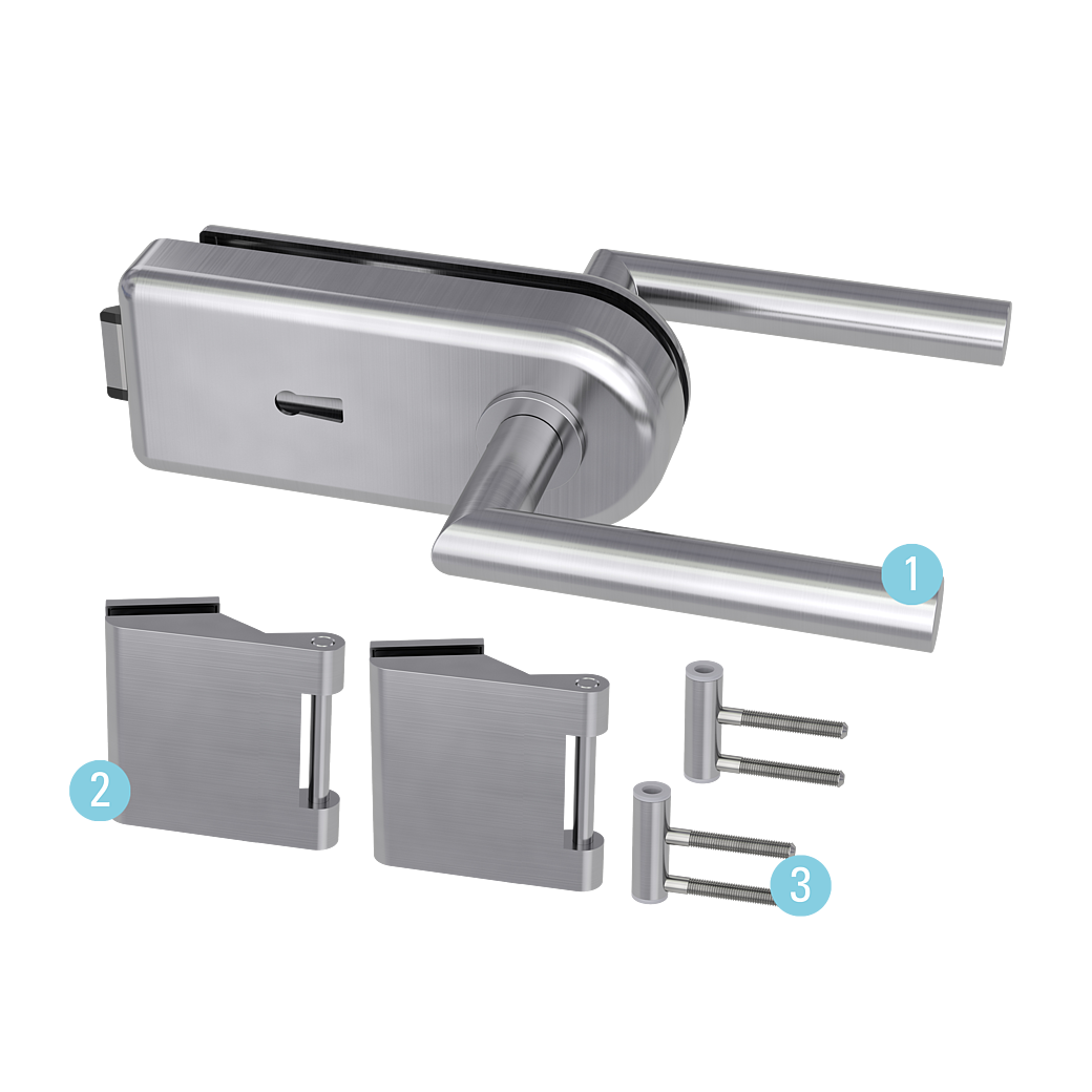 Glastürbeschlagset SKY Buntbart Flüster 3-tlg. Bänder L-FORM Edelstahl-Optik matt