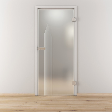 Ambientebild in Wohnraumsituation illustriert die Diamond Doors Glasdrehtür DD 597 in der Ausführung ESG BASIC GREEN matt