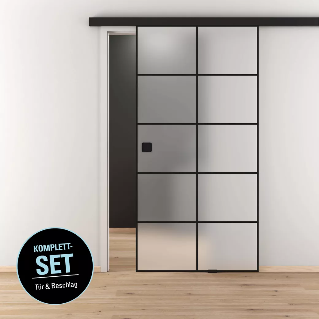 Schiebetür-Set BLACK LOFT Glas matt 935x2058mm Wandmontage inkl. FLEX QUATTRO Schwarz