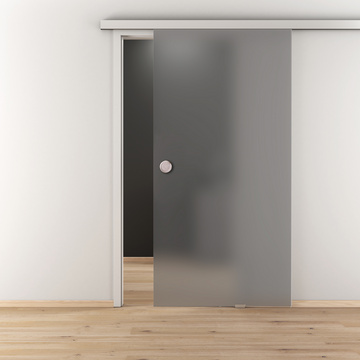 Ambientebild in Wohnraumsituation illustriert die Diamond Doors Glasschiebetür MAGIC GREY SATIN in der Ausführung ESG GREY matt