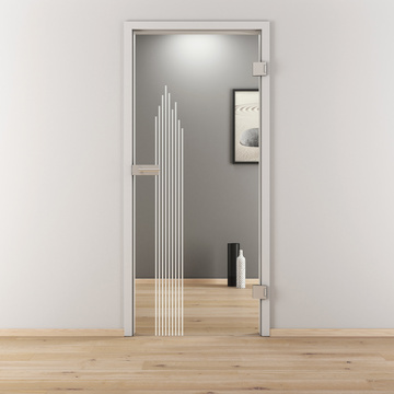 Ambientebild in Wohnraumsituation illustriert die Diamond Doors Glasdrehtür DD 597 in der Ausführung ESG BASIC GREEN klar