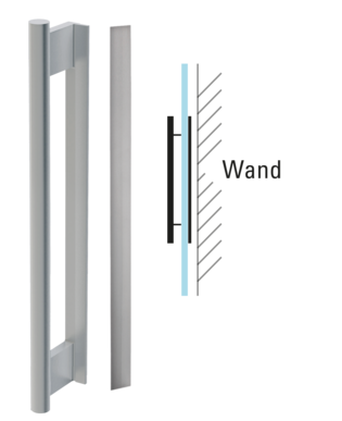 Die Grafik zeigt eine Diamond Doors Griffstange mit Griffleiste montiert auf einer Glastür