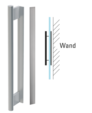 Die Grafik zeigt eine Diamond Doors Griffstange mit Griffleiste montiert auf einer Glastür
