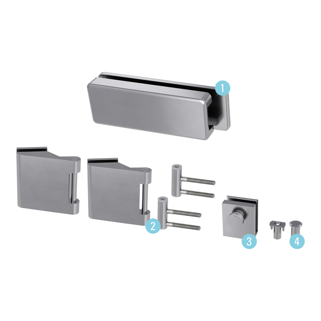 Gegenkasten Set STYLE PREMIUM inkl. Türschnäpper, Feststeller,  3tlg. Bänder Edelstahl-Optik matt