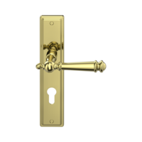 Die Abbildung zeigt die Diamond Doors Türgriffgarnitur INDIANA in der Ausführung mit Langschild eckig Profilzylinder Deko-Schraube Messing-Optik