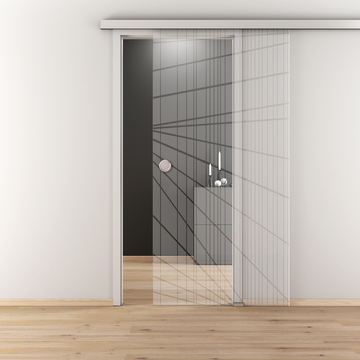 Ambientebild in Wohnraumsituation illustriert die Diamond Doors Glasschiebetür LINES 558 in der Ausführung ESG BASIC GREEN klar
