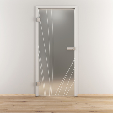 Ambientebild in Wohnraumsituation illustriert die Diamond Doors Glasdrehtür DD 559 in der Ausführung ESG BASIC GREEN matt