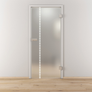 Ambientebild in Wohnraumsituation illustriert die Novadoors Glasdrehtür NOVA 598 in der Ausführung ESG BASIC GREEN matt