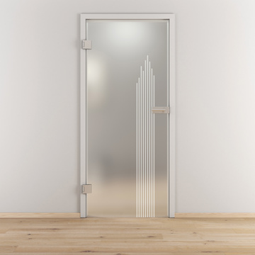 Ambientebild in Wohnraumsituation illustriert die Diamond Doors Glasdrehtür DD 597 in der Ausführung ESG BASIC GREEN matt