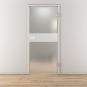 Ambientebild in Wohnraumsituation illustriert die Novadoors Glasdrehtür NOVA 593 in der Ausführung ESG BASIC GREEN matt