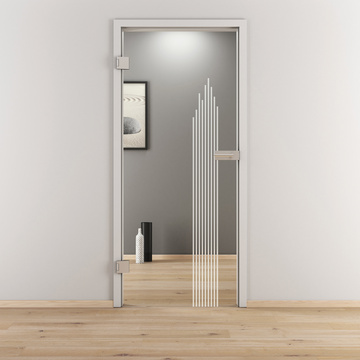 Ambientebild in Wohnraumsituation illustriert die Diamond Doors Glasdrehtür DD 597 in der Ausführung ESG BASIC GREEN klar