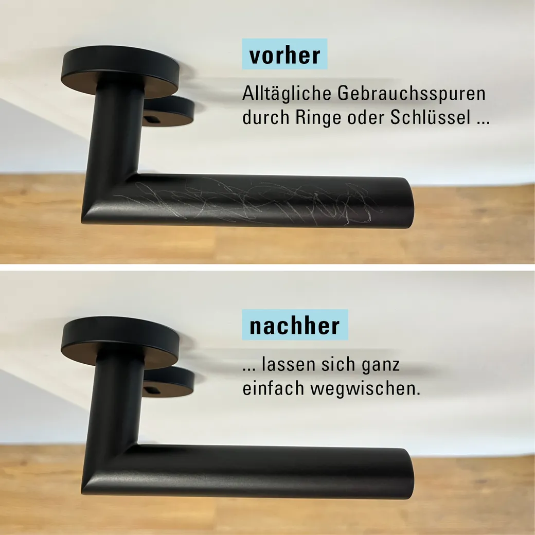 Türgriffgarnitur L-FORM PREMIUM Black Panther Klipptechnik Rosetten rund WC Schwarz PVD inkl. Bandhülsen