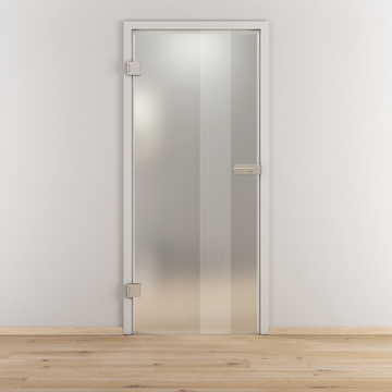 Ambientebild in Wohnraumsituation illustriert die Novadoors Glasdrehtür NOVA 594 in der Ausführung ESG BASIC GREEN matt