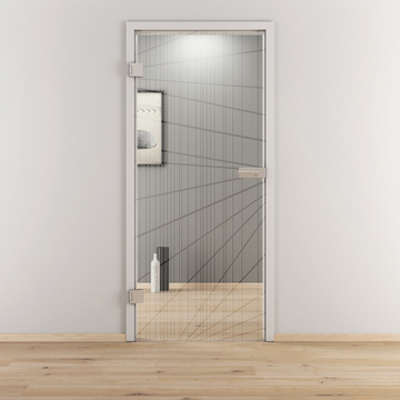 Ambientebild in Wohnraumsituation illustriert die Diamond Doors Glasdrehtür LINES 558 in der Ausführung ESG BASIC GREEN klar