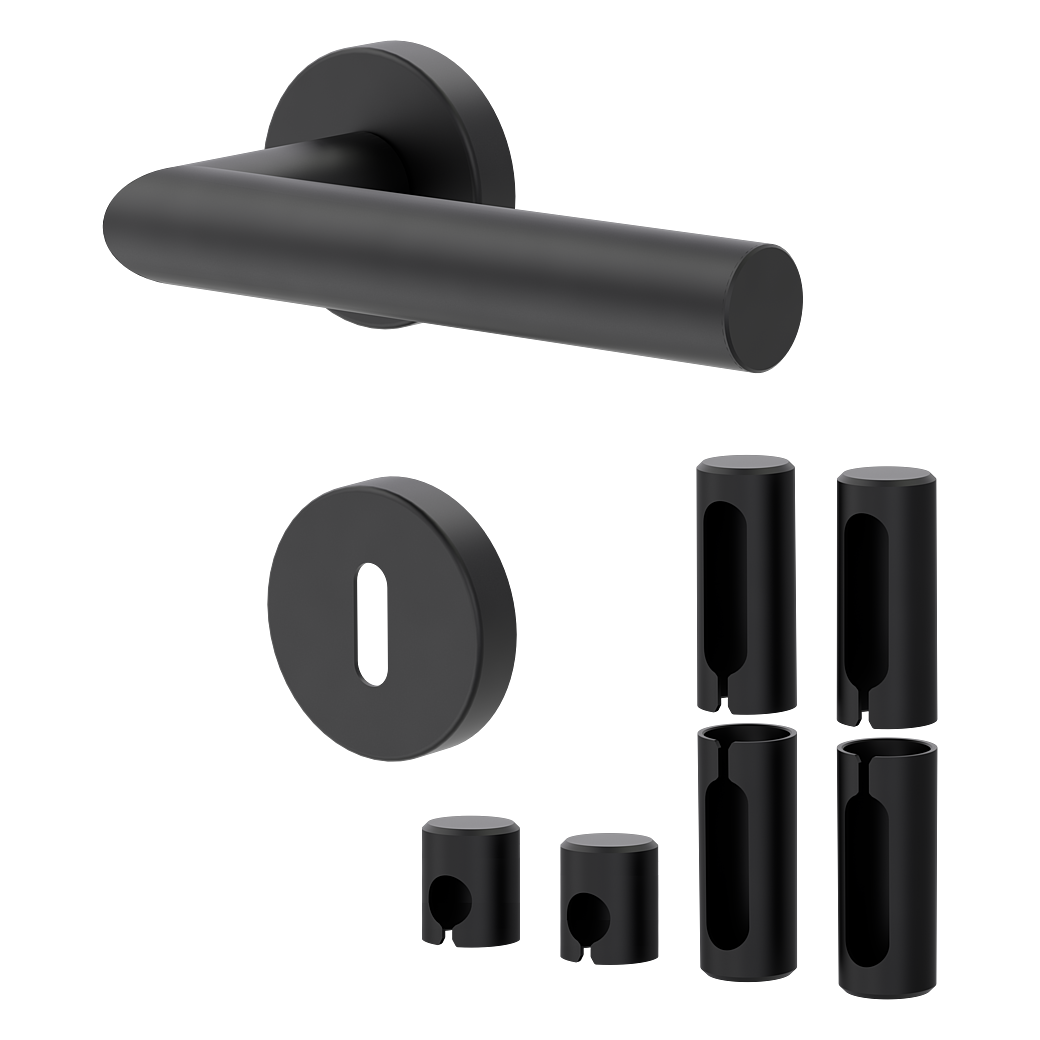 Türgriffgarnitur L-FORM PREMIUM Black Panther Klipptechnik Rosetten rund Buntbart Schwarz PVD inkl. Bandhülsen