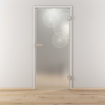 Ambientebild in Wohnraumsituation illustriert die Novadoors Glasdrehtür NOVA 507 in der Ausführung ESG BASIC GREEN matt
