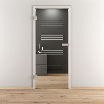Ambientebild in Wohnraumsituation illustriert die Diamond Doors Glasdrehtür DD 590 in der Ausführung ESG BASIC GREEN klar