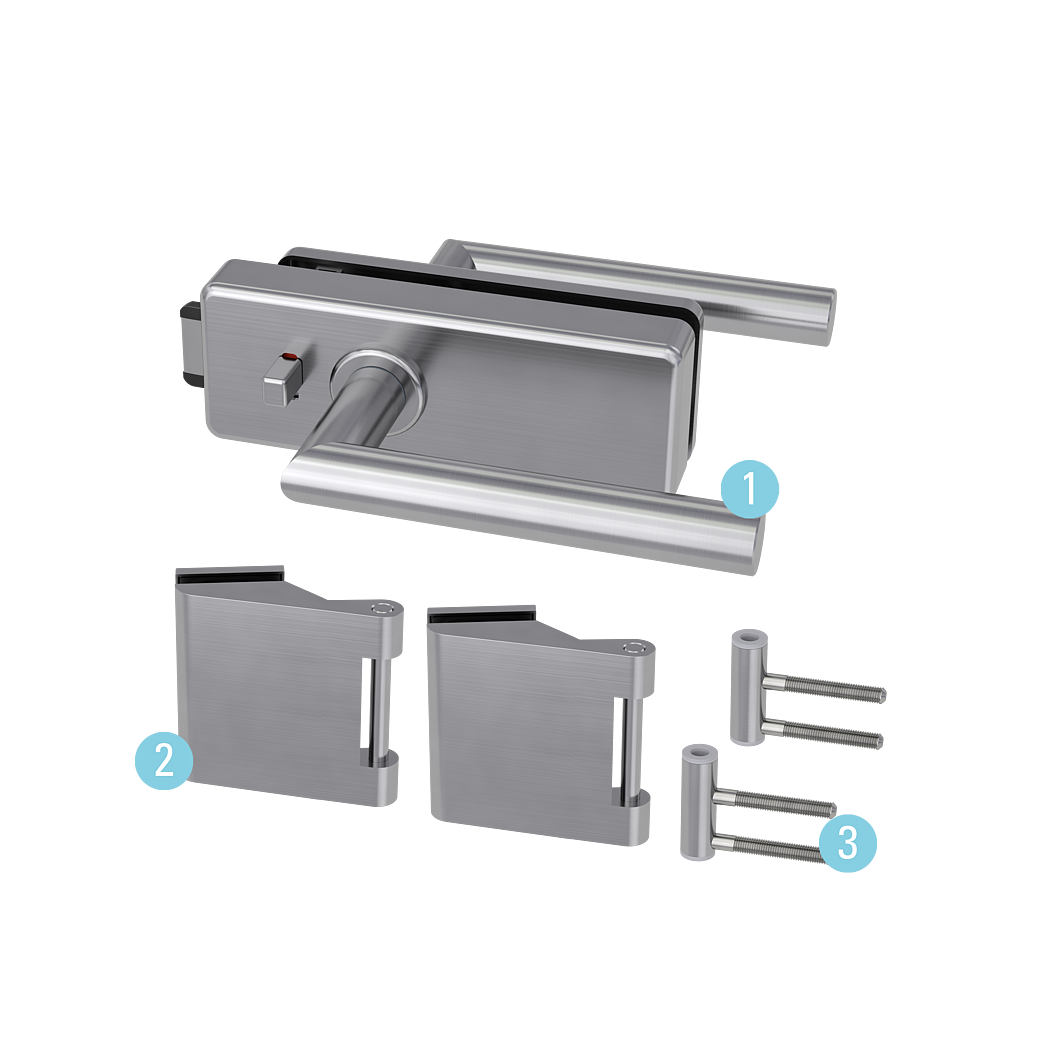 Glastürbeschlagset STYLE PREMIUM WC Flüster 3-tlg. Bänder L-FORM Edelstahl-Optik matt