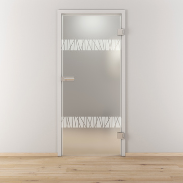 Ambientebild in Wohnraumsituation illustriert die Novadoors Glasdrehtür NOVA 550 in der Ausführung ESG BASIC GREEN matt