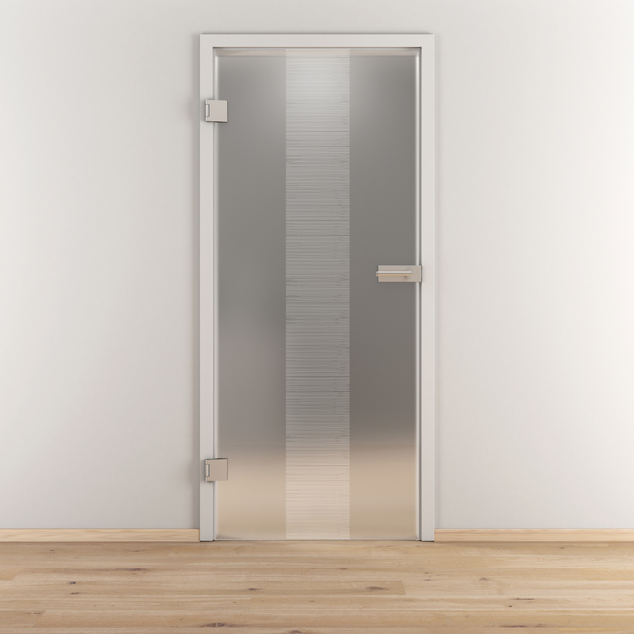 Ambientebild in Wohnraumsituation illustriert die Novadoors Glasdrehtür NOVA 557 in der Ausführung ESG BASIC GREEN matt