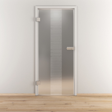 Ambientebild in Wohnraumsituation illustriert die Novadoors Glasdrehtür NOVA 557 in der Ausführung ESG BASIC GREEN matt
