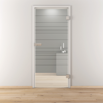 Ambientebild in Wohnraumsituation illustriert die Novadoors Glasdrehtür NOVA 570 in der Ausführung ESG BASIC GREEN teilmattiert