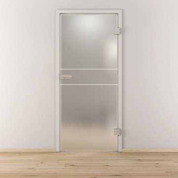 Ambientebild in Wohnraumsituation illustriert die Novadoors Glasdrehtür NOVA 589 in der Ausführung ESG BASIC GREEN matt