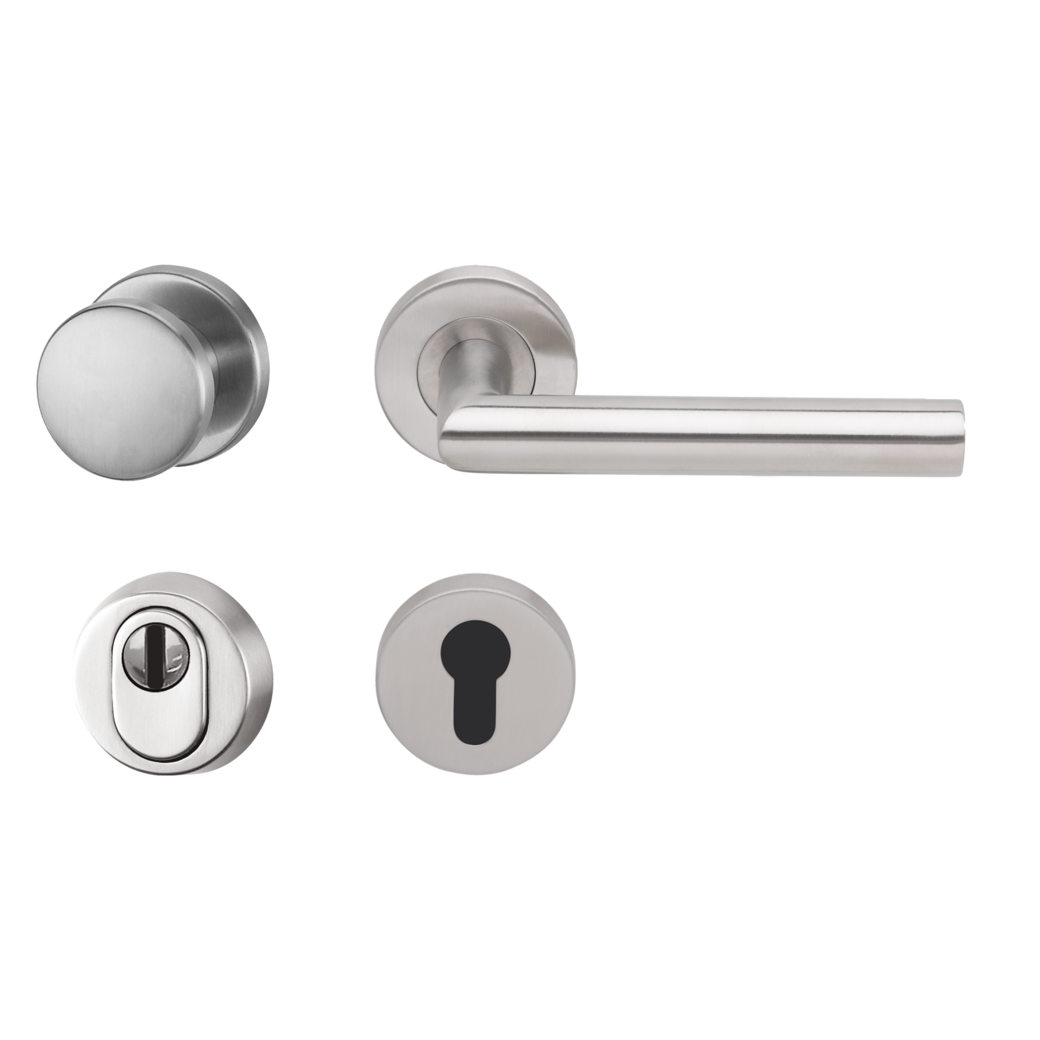 Schutzrosettengarnitur mit Knopf THOR Profilzylinder 38-50mm Edelstahl matt Griff L-FORM