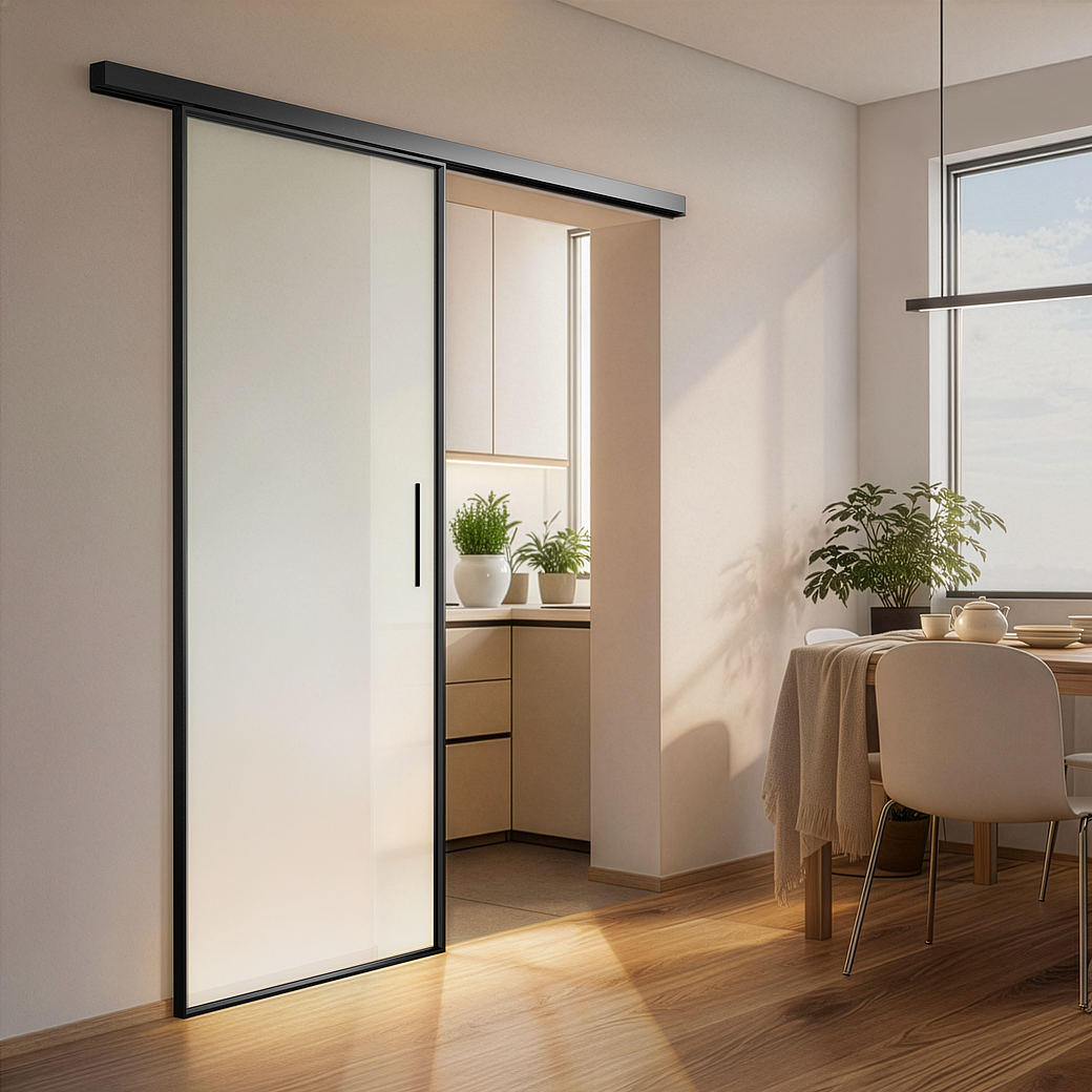 Schiebetür-Set JUBIDOOR LOFTLINE BLACK inkl. Griffstange Glas teilmattiert 935x2058 Wandmontage