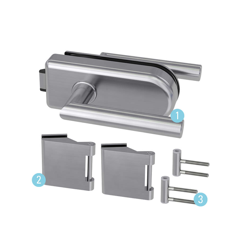 Glastürbeschlagset SKY unverschließbar Flüster 3-tlg. Bänder L-FORM Edelstahl-Optik matt