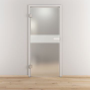 Ambientebild in Wohnraumsituation illustriert die Novadoors Glasdrehtür NOVA 593 in der Ausführung ESG BASIC GREEN matt