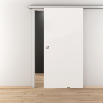 Ambientebild in Wohnraumsituation illustriert die Novadoors Glasschiebetür NOVA 516 in der Ausführung VSG PURE WHITE weiß blickdicht