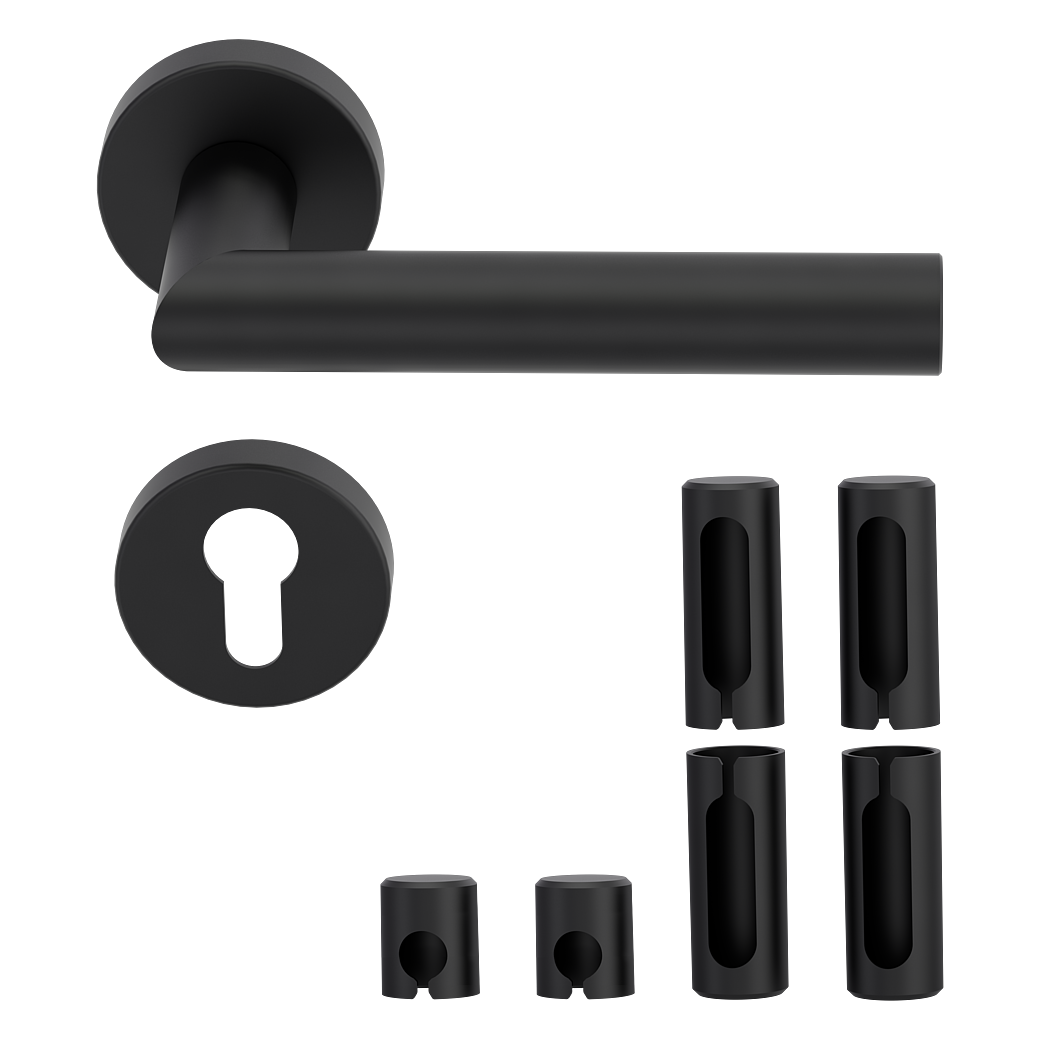 Türgriffgarnitur L-FORM PREMIUM Black Panther Klipptechnik Rosetten rund PZ schwarz PVD inkl. Bandhülsen