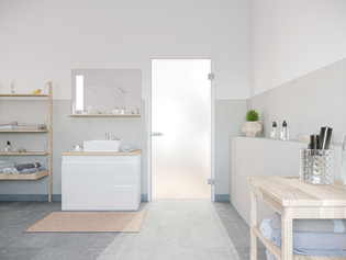 Die Abbildung zeigt ein Badezimmer mit einer Diamond Doors Glasdrehtür