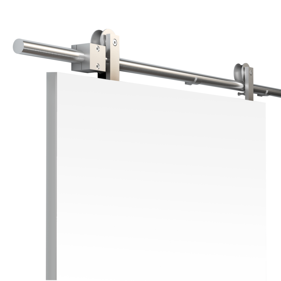 Freigestelltes Produktbild im idealen Blickwinkel fotografiert zeigt das Novadoors Schiebetürsystem NOVA 416 für Holztür, 1-flügelig, Edelstahl-Optik matt