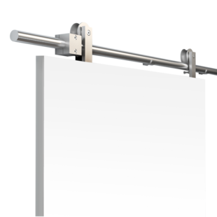 Freigestelltes Produktbild im idealen Blickwinkel fotografiert zeigt das Novadoors Schiebetürsystem NOVA 416 für Holztür, 1-flügelig, Edelstahl-Optik matt