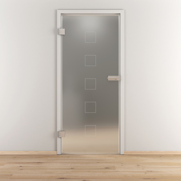 Ambientebild in Wohnraumsituation illustriert die Novadoors Glasdrehtür NOVA 505 in der Ausführung ESG BASIC GREEN matt