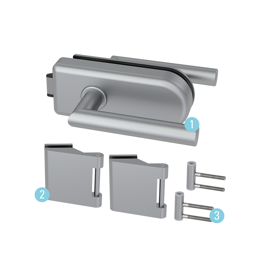 Glastürbeschlagset JUBIDOOR 6.0 unverschließbar Flüster 3-tlg. Bänder L-FORM Alu EV1