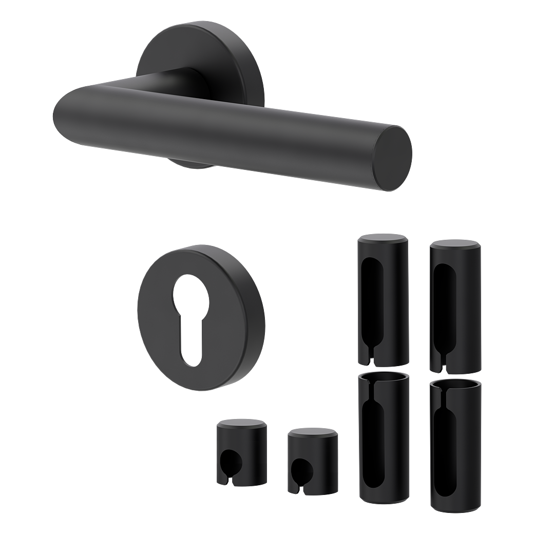 Türgriffgarnitur L-FORM PREMIUM Black Panther Klipptechnik Rosetten rund PZ schwarz PVD inkl. Bandhülsen