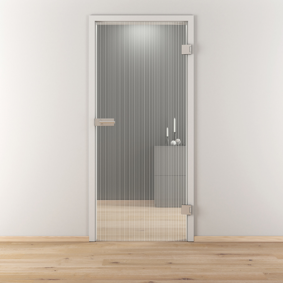 Ambientebild in Wohnraumsituation illustriert die Novadoors Glasdrehtür NOVA 515 in der Ausführung ESG PURE WHITE matt