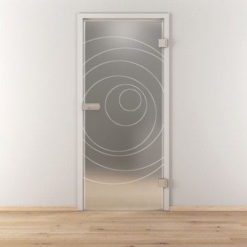 Ambientebild in Wohnraumsituation illustriert die Diamond Doors Glasdrehtür DD 585 in der Ausführung ESG BASIC GREEN matt