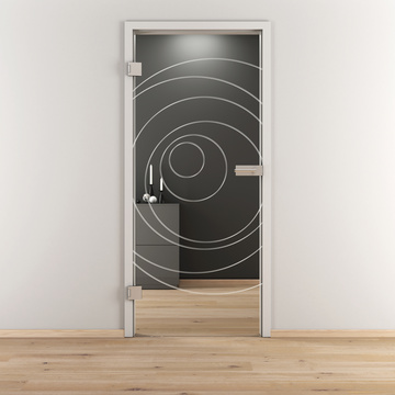 Ambientebild in Wohnraumsituation illustriert die Diamond Doors Glasdrehtür DD 585 in der Ausführung ESG BASIC GREEN klar