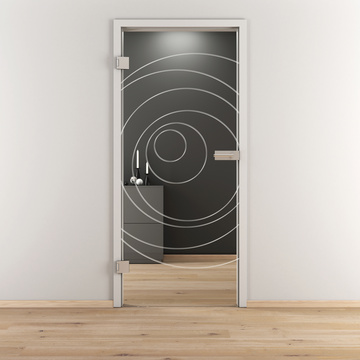 Ambientebild in Wohnraumsituation illustriert die Diamond Doors Glasdrehtür DD 585 in der Ausführung ESG BASIC GREEN klar